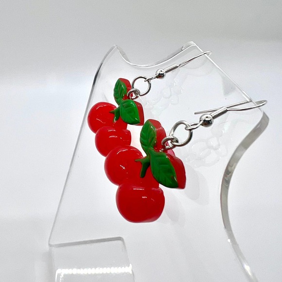 Cherry Earrings - Fruit Earrings - Red Cherries Summer Earrings - Picture 6 of 8